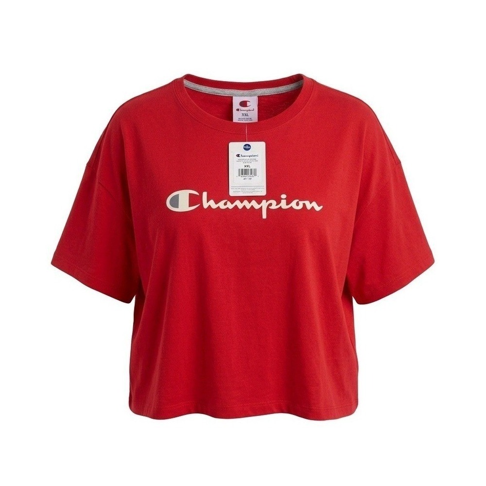 New Champion Boxy Shirt Womens 2XL Red Script Logo Graphic Tee Crop Crewneck